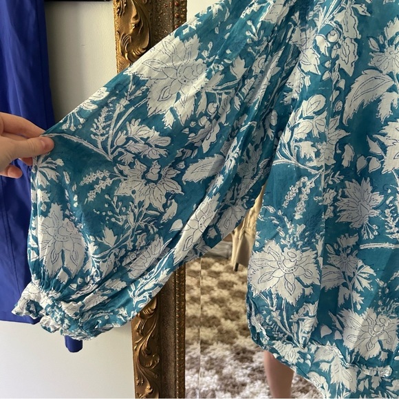 Alix of Bohemia Poet blouse turquoise floral block print ruffle collar - Picture 5 of 6